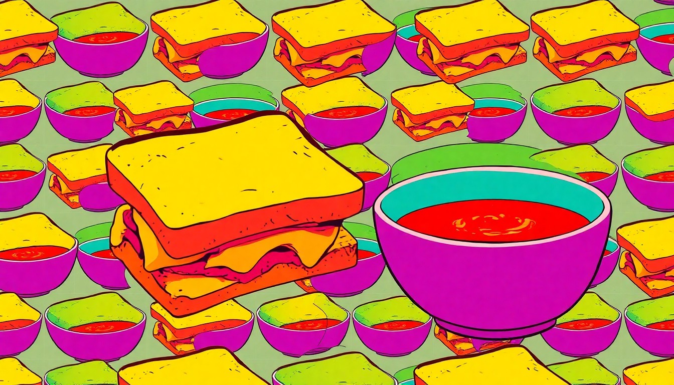 A vibrant, high-contrast silkscreen print featuring multiple images of a grilled cheese sandwich and a bowl of tomato soup, rendered in a bold, pop art style with bright neon colors and heavy black outlines.