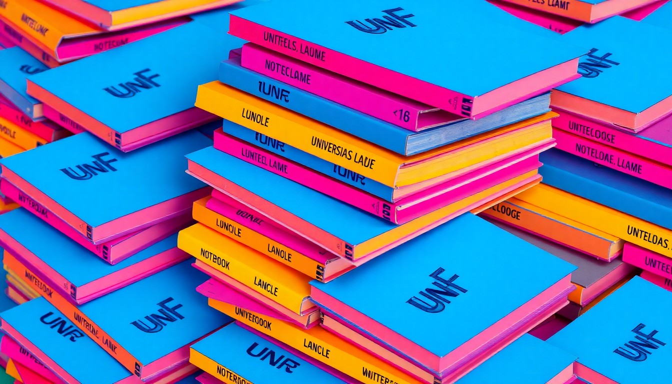 A brightly colored, high-contrast silkscreen print of a stack of university notebooks and pencils repeated in a tight grid pattern, conceptually representing the energy and creativity of a community fundraising event.