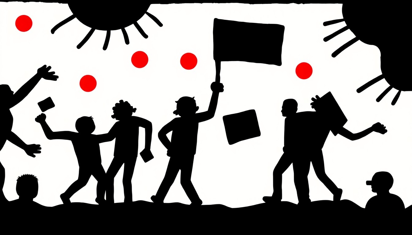 An abstract composition of stark black silhouettes and high-contrast solid colors like red and white, representing the distinctive visual style and social activism of the iconic artist Keith Haring.