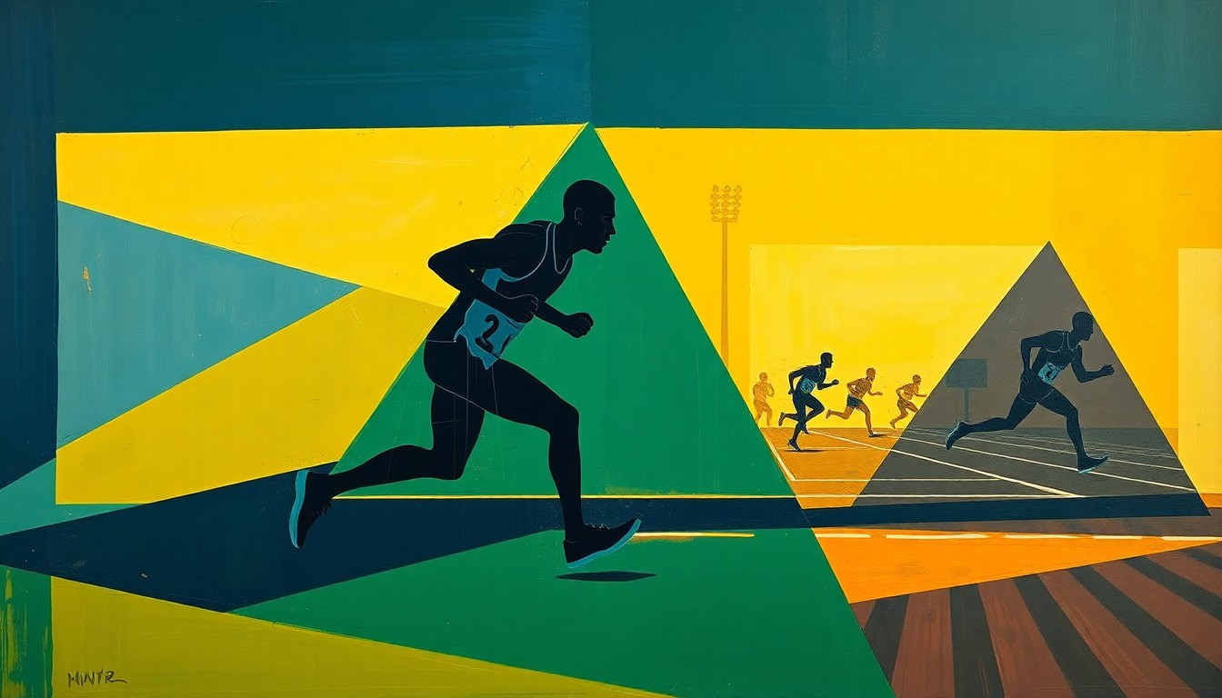 A cubist, geometric painting depicting a fragmented track and field competition, with sharp, overlapping planes of navy, green, and yellow conveying the dynamic energy of the event.