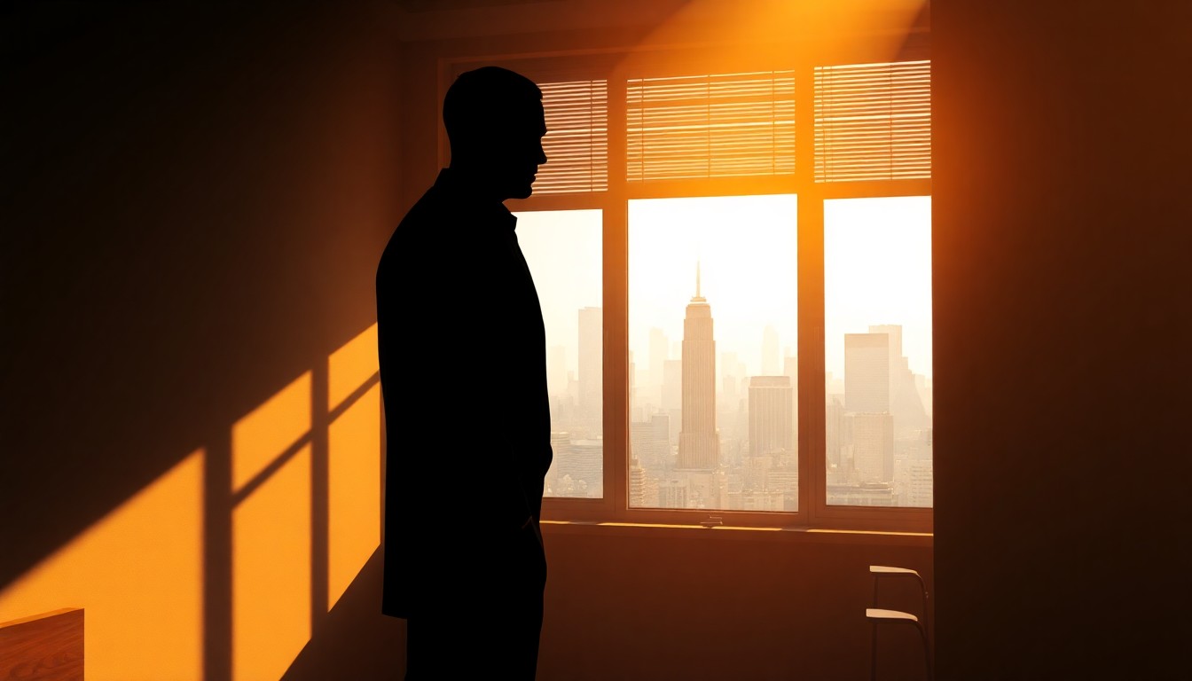 A cinematic painting of a lone figure standing in a shadowy government office, gazing out at the distant city skyline bathed in warm, diagonal sunlight and deep shadows, conceptually representing the complex public attitudes toward intelligence operations.