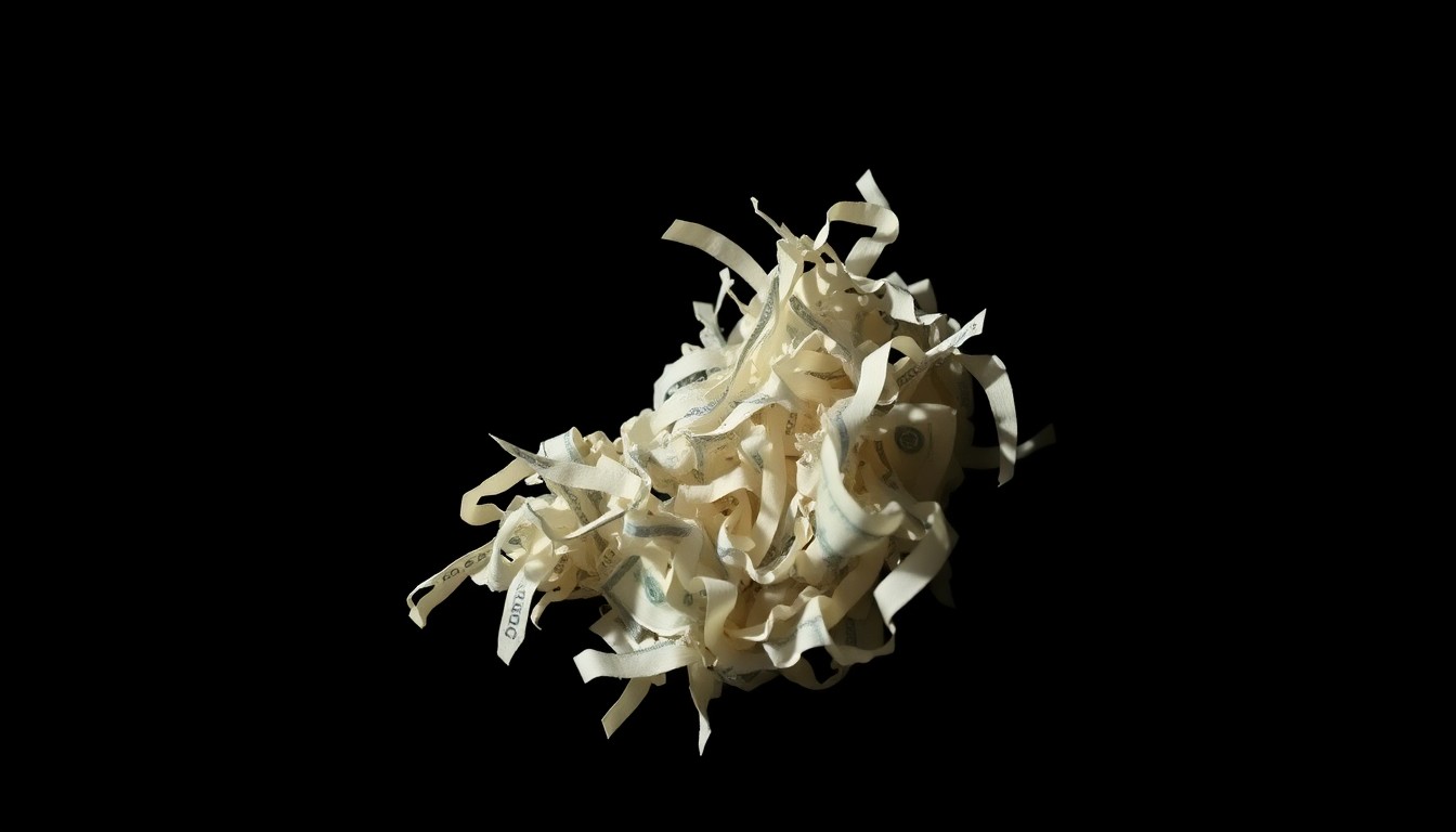 An extreme close-up of a shredded financial document or crumpled cash, reflecting a harsh, direct flash of light against a pitch-black background, conceptually illustrating the hidden nature of white-collar crime.