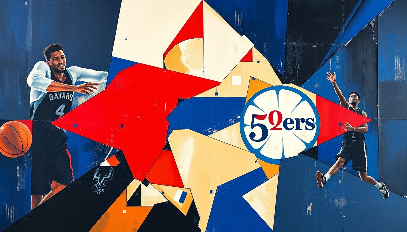 A fragmented, geometric painting depicting the dynamic movements and physical confrontation of a basketball game, with sharp planes of navy, crimson, and white conveying the intensity of the action.