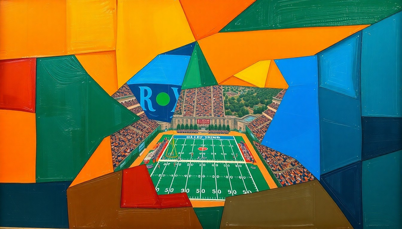 A fragmented, cubist-style painting depicting a college football game, with sharp geometric shapes and planes in shades of orange, green, and blue, capturing the dynamic energy of the sport.