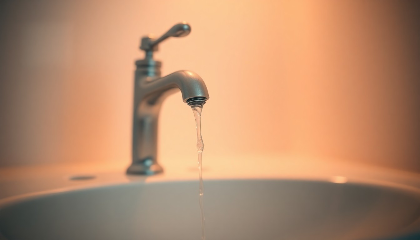 A softly blurred, out-of-focus photograph of a bathroom sink faucet dripping water, with the background fading into a warm, hazy glow, conceptually representing the need for professional plumbing services.
