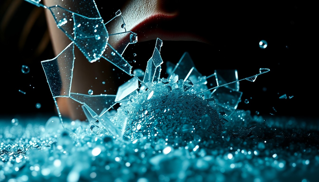 An extreme close-up of shattered glass and glittering sequins in dramatic, high-contrast lighting, conceptually representing the emotional vulnerability and celebrity culture surrounding a viral video.