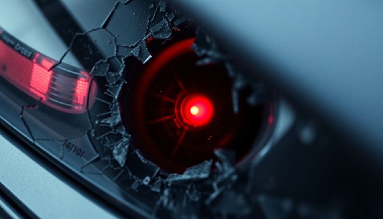 An extreme close-up of a shattered car sensor lens reflecting a faint red light, conceptually illustrating the vandalism and contradictions surrounding a controversial ICE shooting incident.