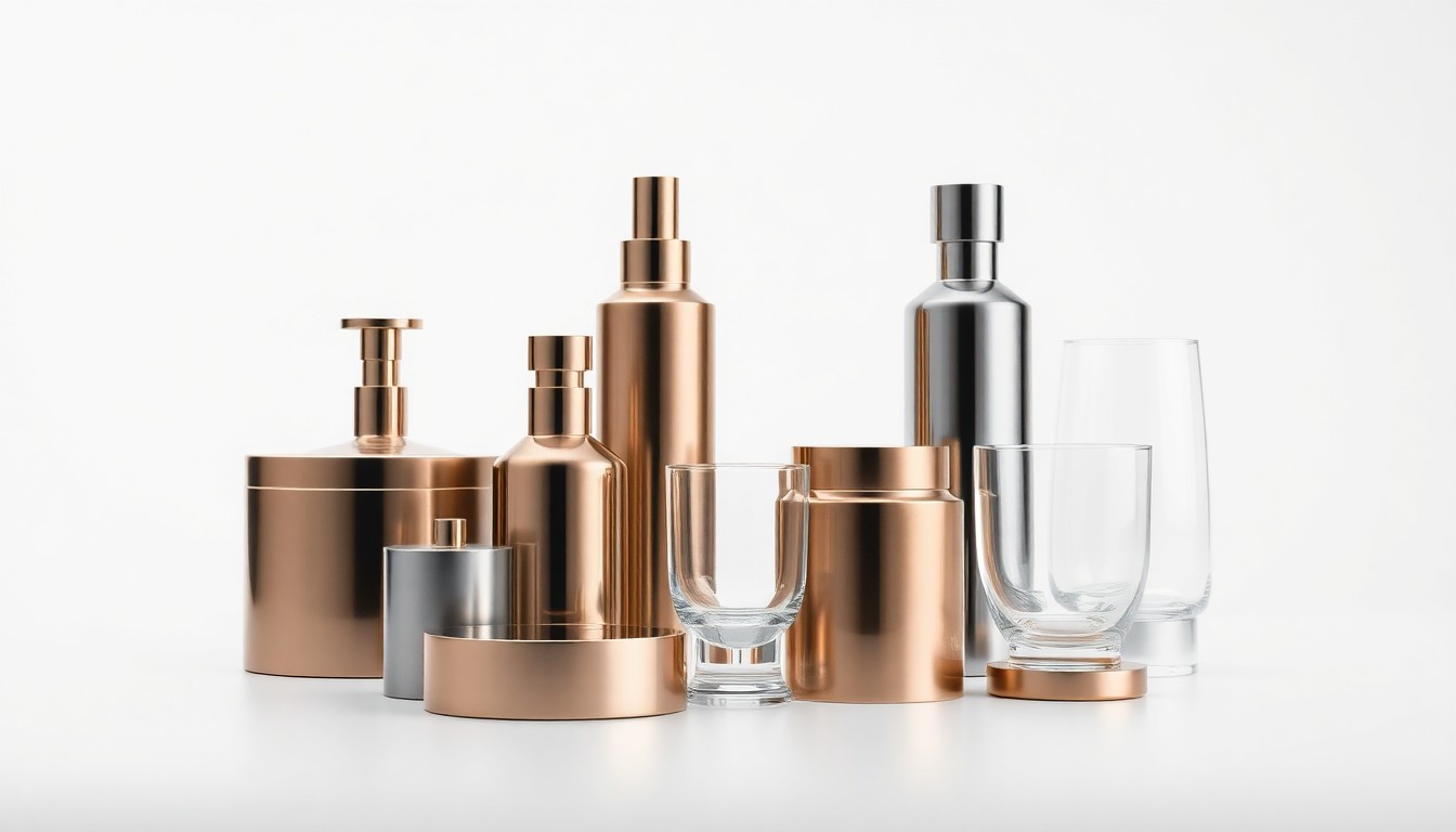 A high-end studio still life featuring a series of shiny, geometric metal and glass objects arranged in a minimalist, elegant composition on a plain white background, conceptually representing the authentication and traceability services that Lifespan Distribution provides to protect brands from counterfeit goods.