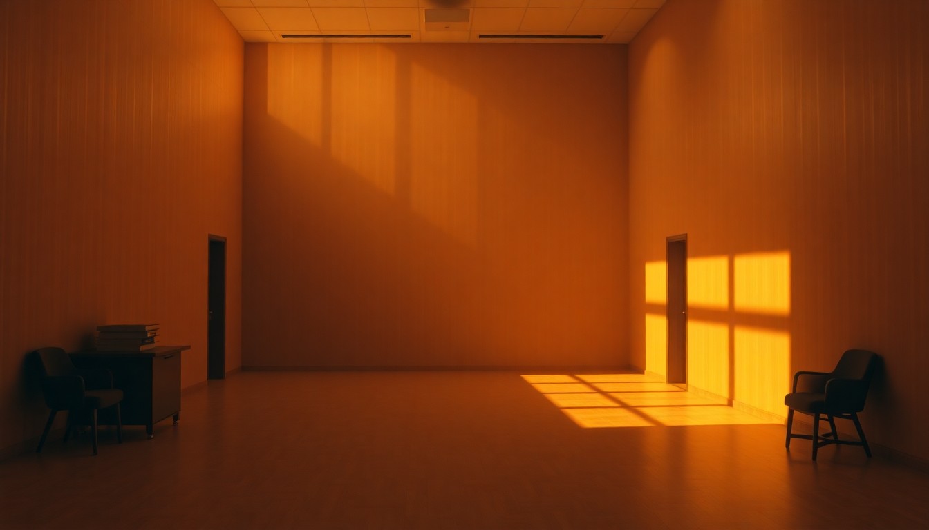 A dimly lit, cinematic government office space with empty desks and chairs, the warm sunlight streaming in through the windows and casting deep shadows, conveying a sense of quiet contemplation around the complex relationship between religion and the state.