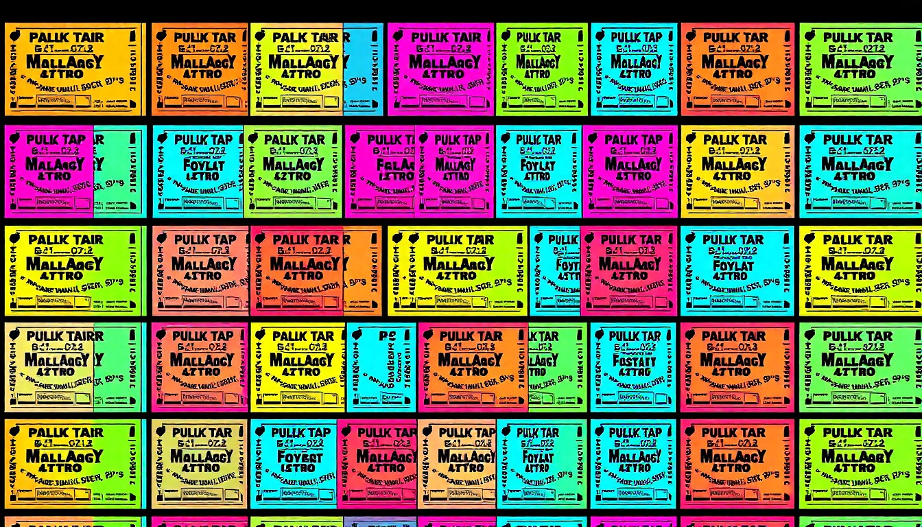 A bold, colorful silkscreen print featuring a single pull-tab ticket icon repeated in a grid, conveying the iconic and playful nature of this charitable gaming activity.