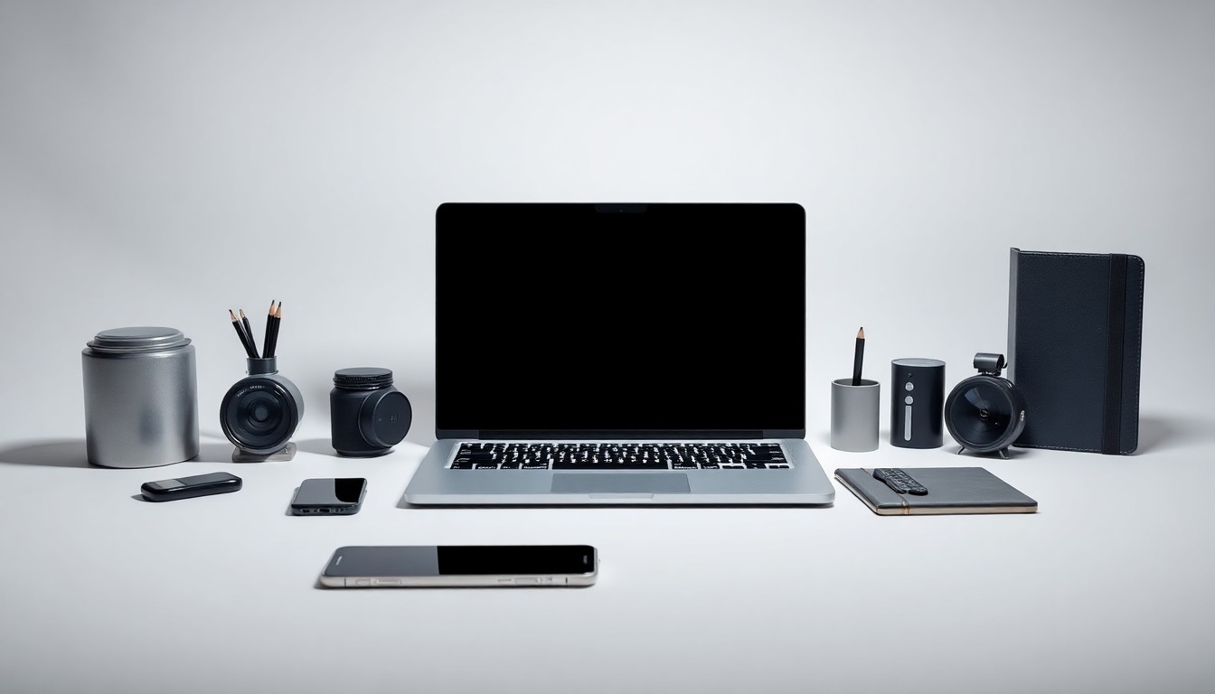 A high-end, photorealistic studio still-life photograph featuring a laptop, smartphone, and other premium office supplies arranged elegantly on a clean, white seamless background with dramatic lighting and sharp shadows.