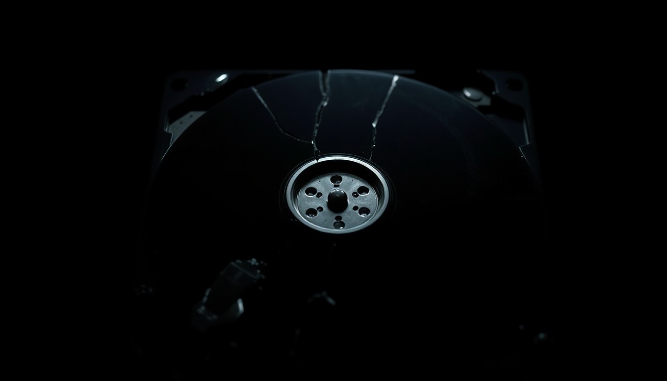 An extreme close-up photograph of a broken, cracked computer hard drive against a pitch-black background, lit by a harsh, direct camera flash, conceptually representing the disturbing digital evidence uncovered in a child exploitation investigation.
