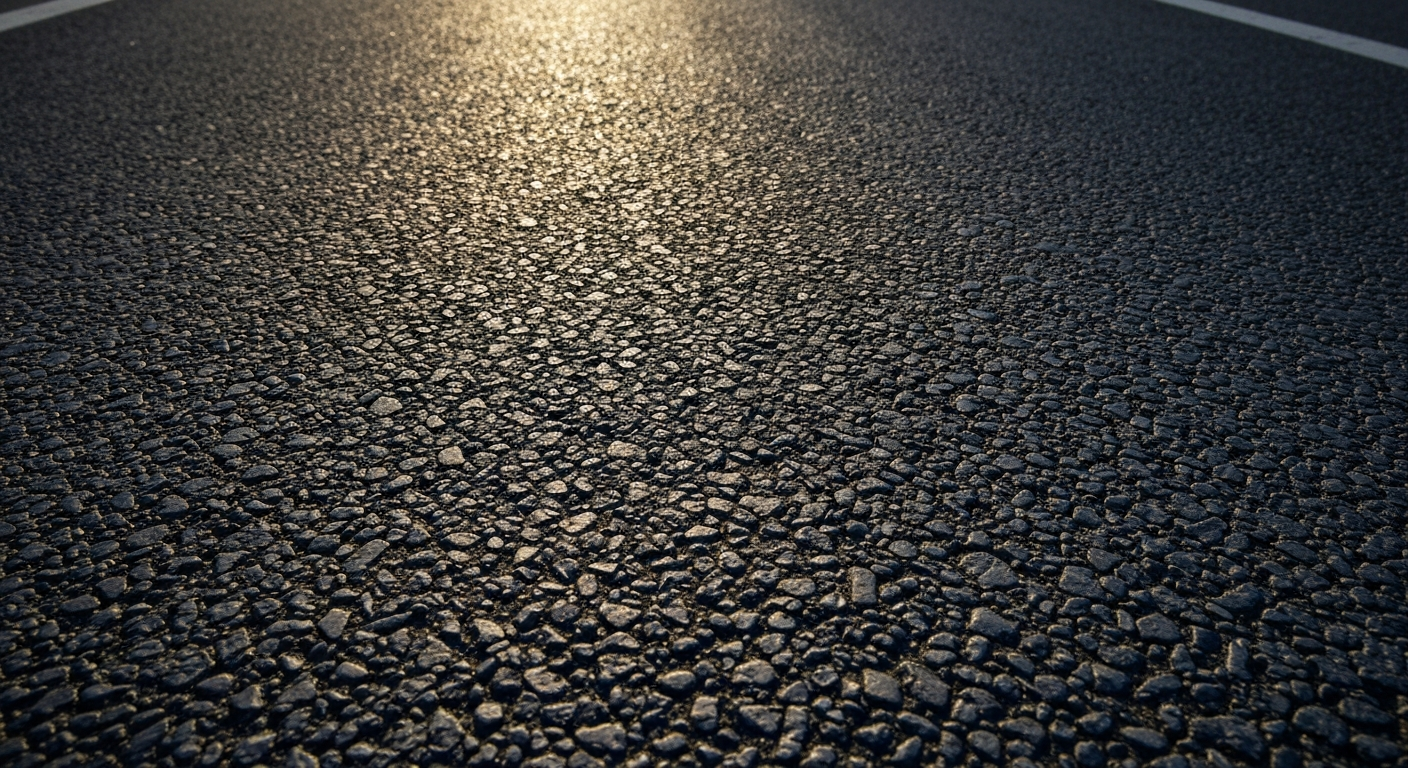 An extreme close-up of the textured asphalt surface of a highway, with cracks and pebbles visible in dramatic lighting, conceptually representing the raw materials and infrastructure of a major urban transportation project.