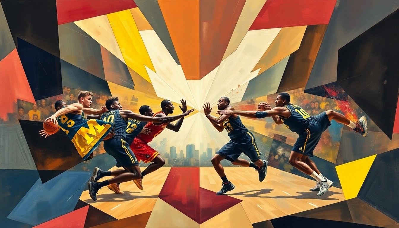 A cubist, geometric painting depicting the intense physical battle between Michigan and Arizona's big men, with fragmented, overlapping shapes and planes representing the collision of bodies in the paint.