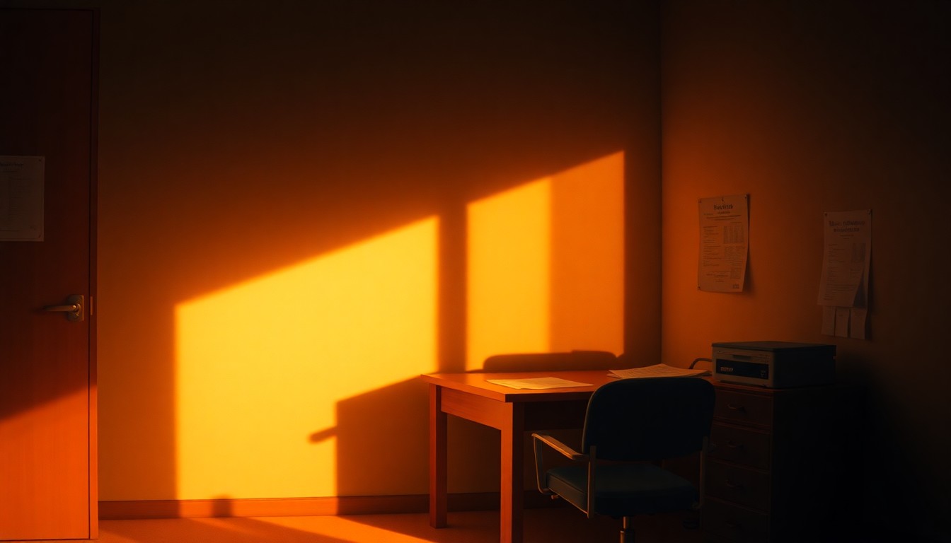 A dimly lit, cinematic painting of a social worker's desk, with scattered papers and a computer monitor, bathed in warm, diagonal sunlight and deep shadows, conceptually representing the serious and sensitive nature of abuse investigations.