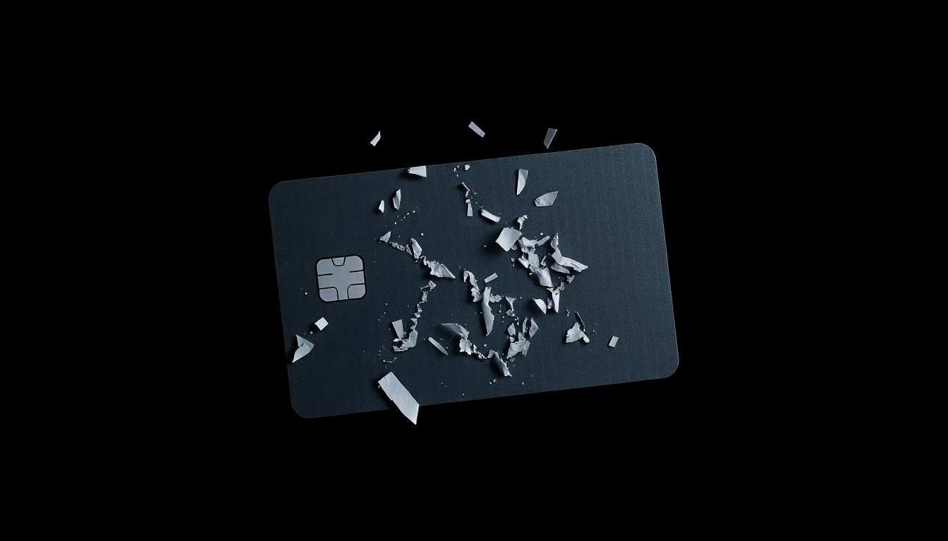 An extreme close-up photograph of a shredded credit card against a pitch-black background, lit by a harsh, direct camera flash, conceptually representing the financial fraud case against the former bookkeeper.
