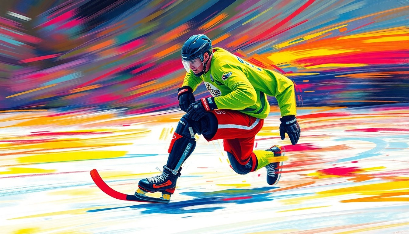 A vibrant, expressionist painting in neon colors depicting the dynamic motion of a Paralympic sled hockey player, their prosthetic leg blurred in a blur of movement, capturing the raw energy and athleticism of the sport.