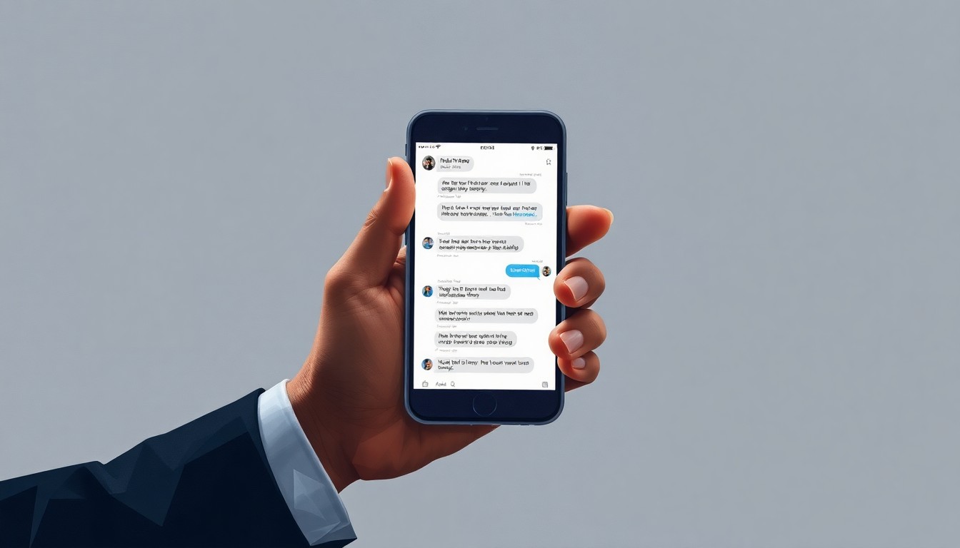 A fragmented, abstract painting depicting a politician's hand holding a glowing cell phone, conveying the disturbing nature of the leaked text messages without showing any specific details.