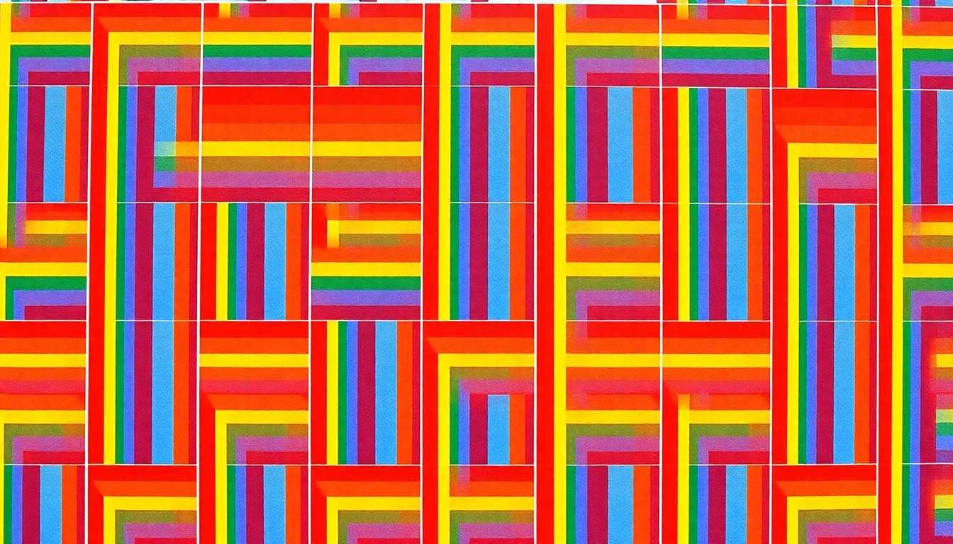A highly stylized, pop art-inspired illustration featuring a repeating pattern of a rainbow flag icon in a grid of bright, contrasting colors, capturing the celebratory spirit of a community festival.