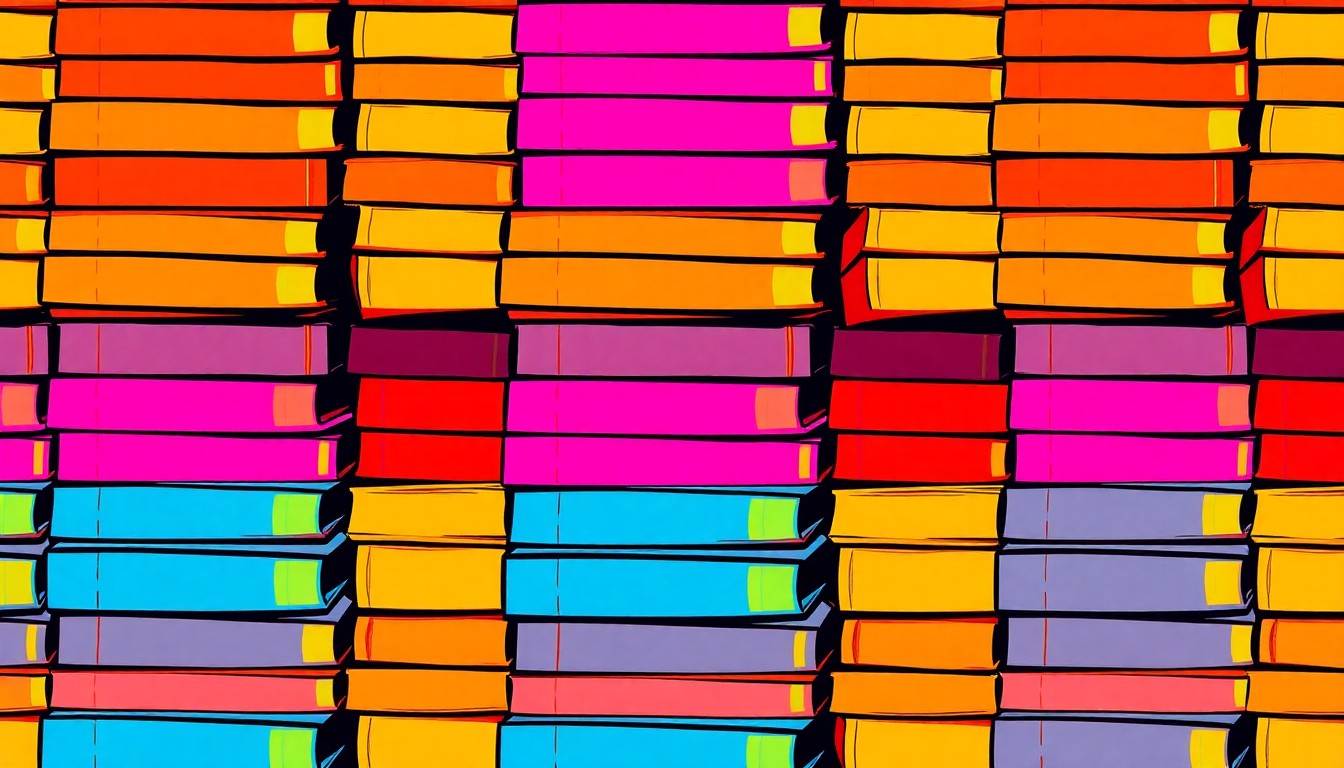 A bold, colorful silkscreen-style illustration featuring a repeating pattern of stacked school books in neon shades of blue, pink, and yellow, conceptually representing the financial and operational challenges facing the Memphis-Shelby County Schools district.