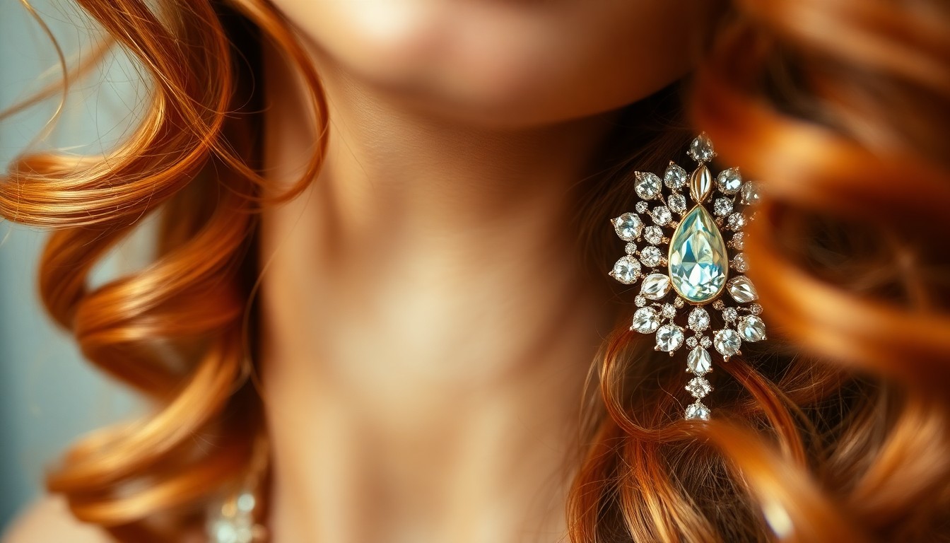 An extreme close-up of glossy, copper-colored hair curls reflecting the light, conceptually representing the glamorous, high-fashion aesthetic of Kylie Jenner's editorial photoshoot.