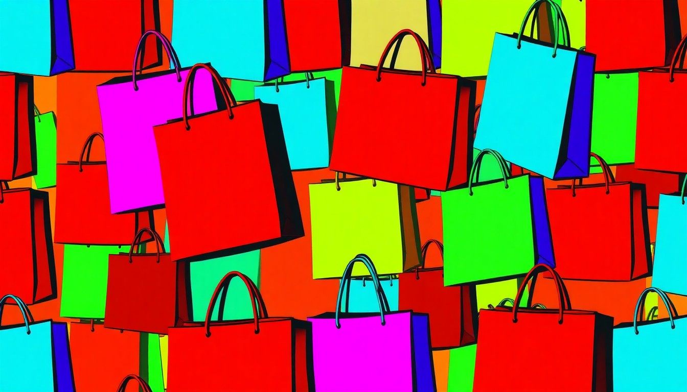 A brightly colored, high-contrast silkscreen print of a shopping bag repeated in a tight grid pattern, utilizing flat, vibrant neon colors and heavy black outlines to transform an everyday object into modern pop art, conceptually representing the charitable nature of this community shopping event.