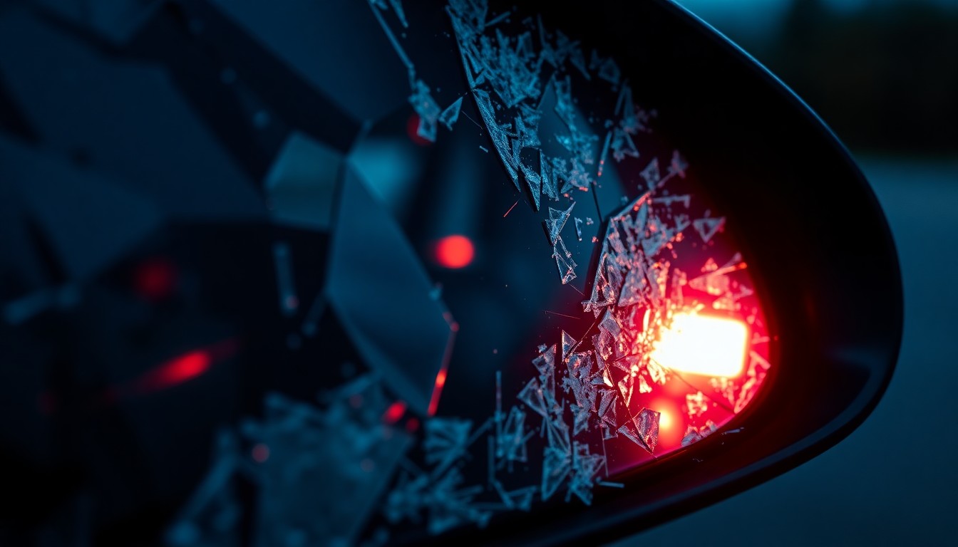 An extreme close-up photograph of a shattered car mirror lens reflecting a faint red light, conveying the gritty, investigative nature of a hit-and-run crime scene.