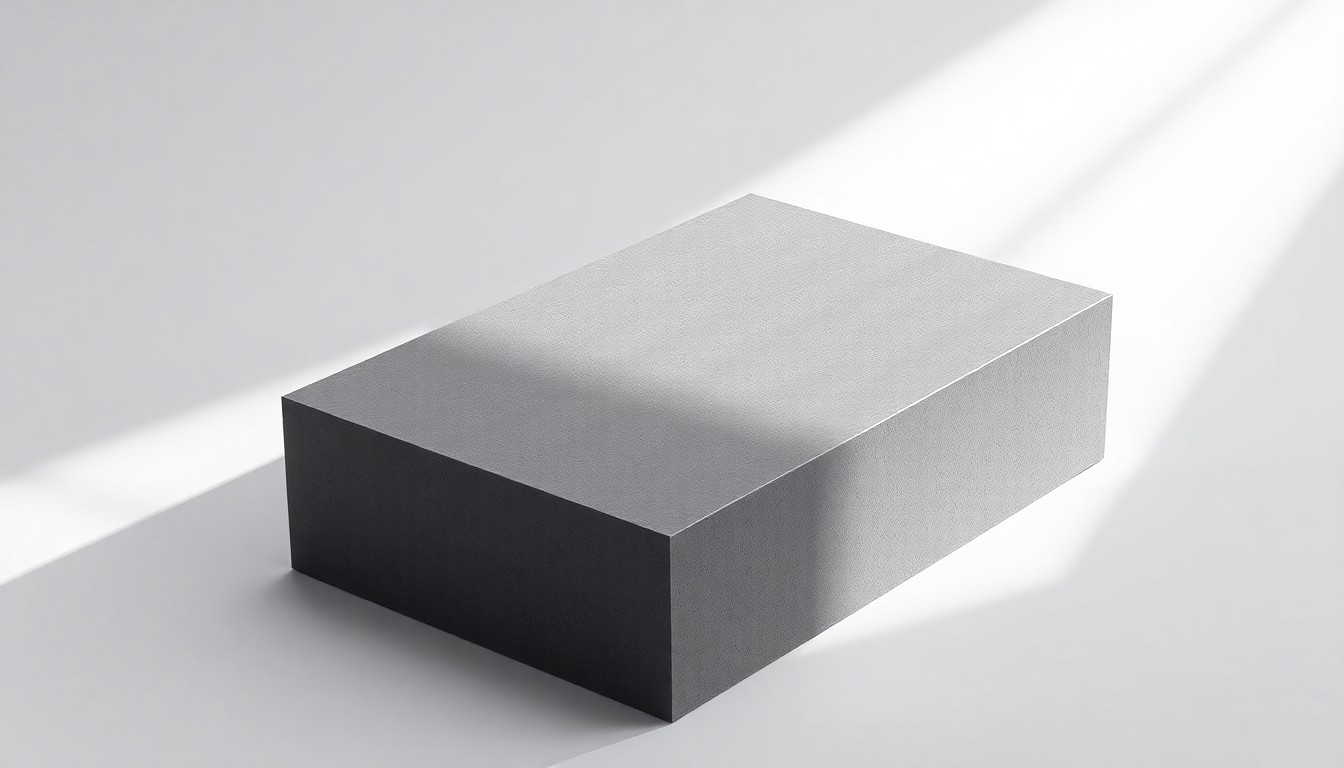 A high-end, photorealistic studio still-life photograph featuring a polished, geometric concrete slab with an embossed slate texture, placed on a clean white background and dramatically lit from the side to highlight the tactile surface details.