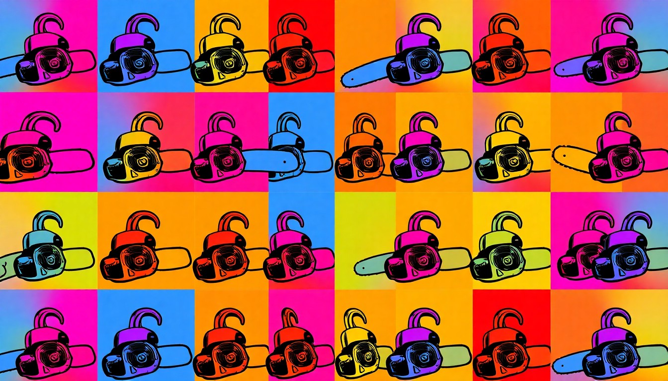 A visually striking grid of brightly colored, high-contrast silkscreen images depicting various tree service tools and equipment, such as chainsaws and safety harnesses, against a bold, neon-infused background, capturing the essential elements of the tree care industry in a modern, artistic style.