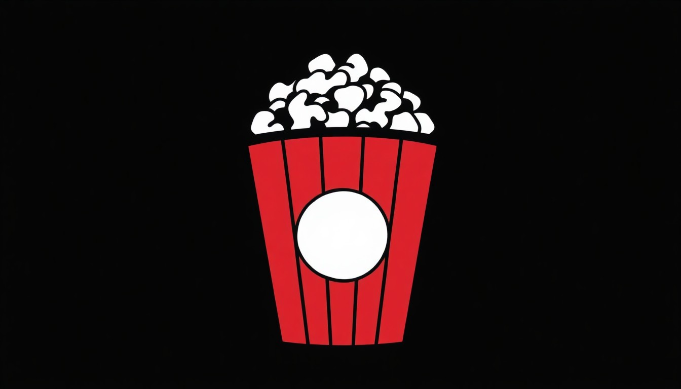 A minimalist, graphic illustration featuring a bold, black silhouette of a classic movie theater popcorn bucket, with a playful, retro-inspired polka dot pattern in high-contrast colors like red and white, conceptually representing the growing trend of collectible concession items in the cinema industry.