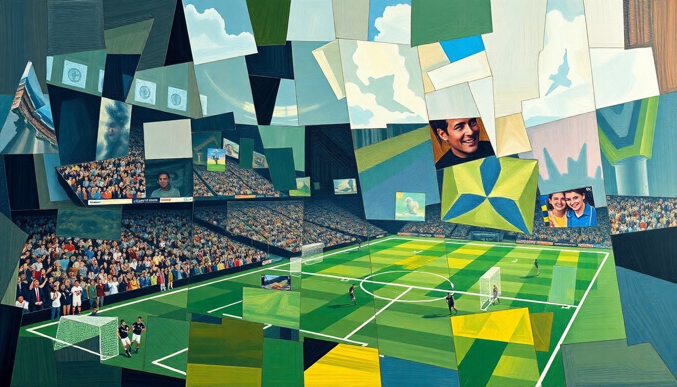 A cubist, geometric painting depicting a fragmented, multi-angled view of a football game, conceptually representing the complex and unresolved circumstances around Andrew Luck's retirement from the NFL.