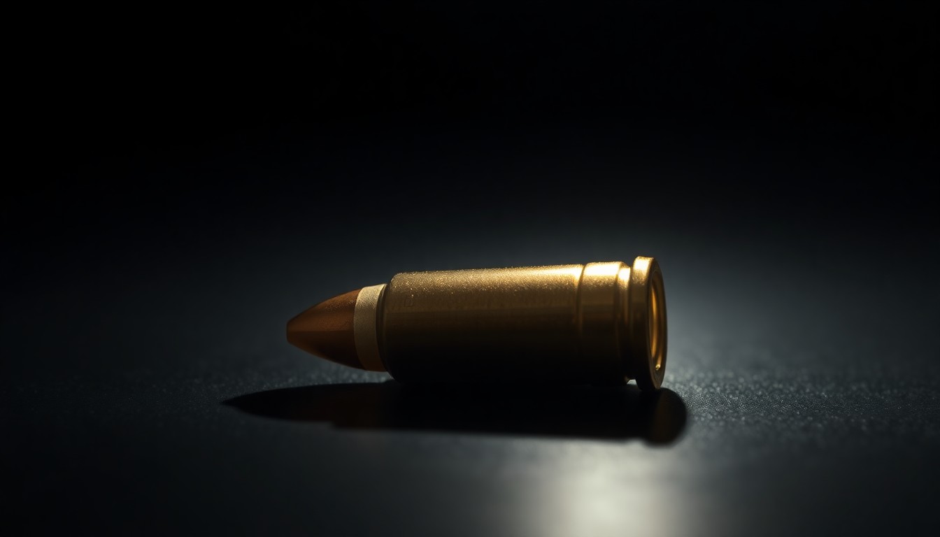 An extreme close-up photograph of a single bullet casing resting on a dark surface, the harsh lighting creating dramatic shadows and textures to conceptually represent the violence of a shooting.