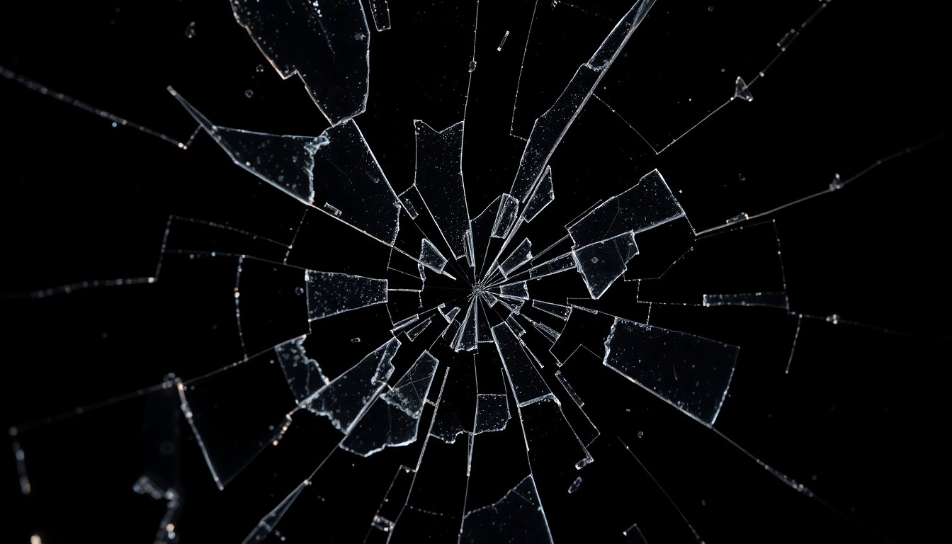 An extreme close-up of shattered glass reflecting dramatic studio lighting, conceptually representing the fragility and uncertainty surrounding Savannah Guthrie's personal life.