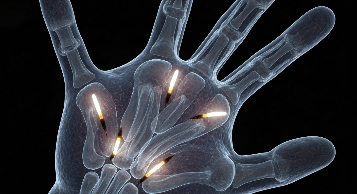 An extreme close-up X-ray photograph showing the internal structure of a human hand with multiple bee stingers embedded in the skin, highlighting the severity of a bee attack.
