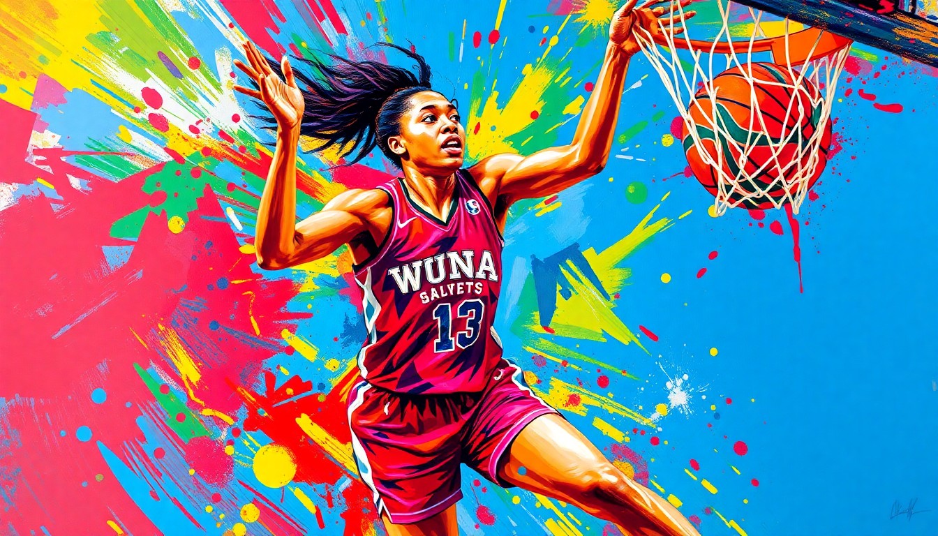 An extreme close-up of a WNBA basketball player driving to the hoop, with their face and jersey dissolving into a vibrant, expressionist blur of neon colors and rapid brushstrokes, conceptually capturing the raw energy and athleticism of professional women's basketball.