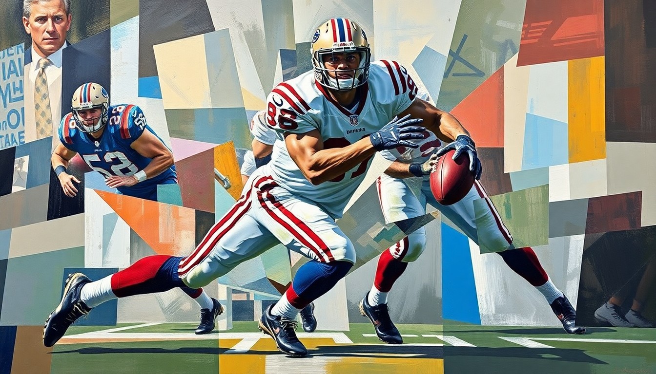 A cubist, geometric painting depicting a defensive tackle in motion, with their body fractured into overlapping planes of color and shape.