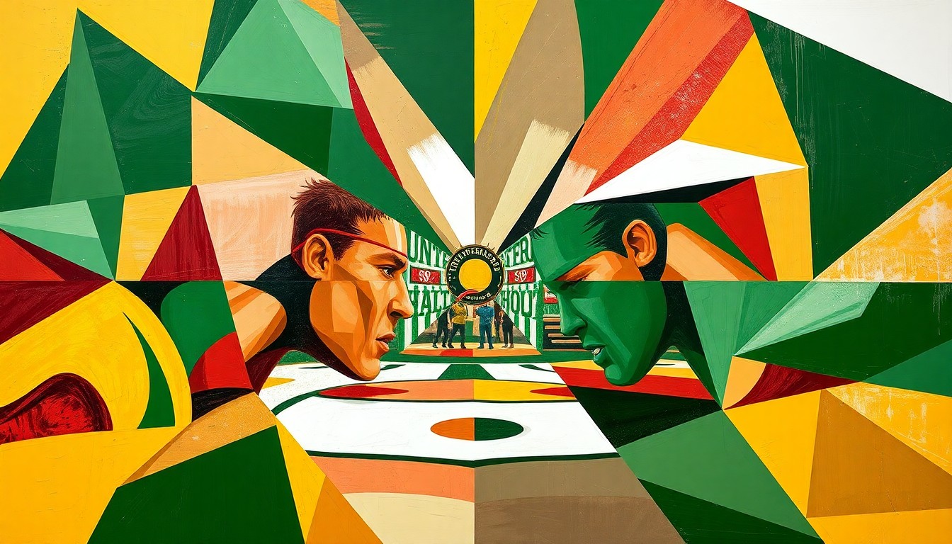 A dynamic, abstract painting featuring sharp, overlapping geometric shapes in the team colors of Kaukauna and Holmen, conveying the intensity and competitive spirit of the high school wrestling state championship match.