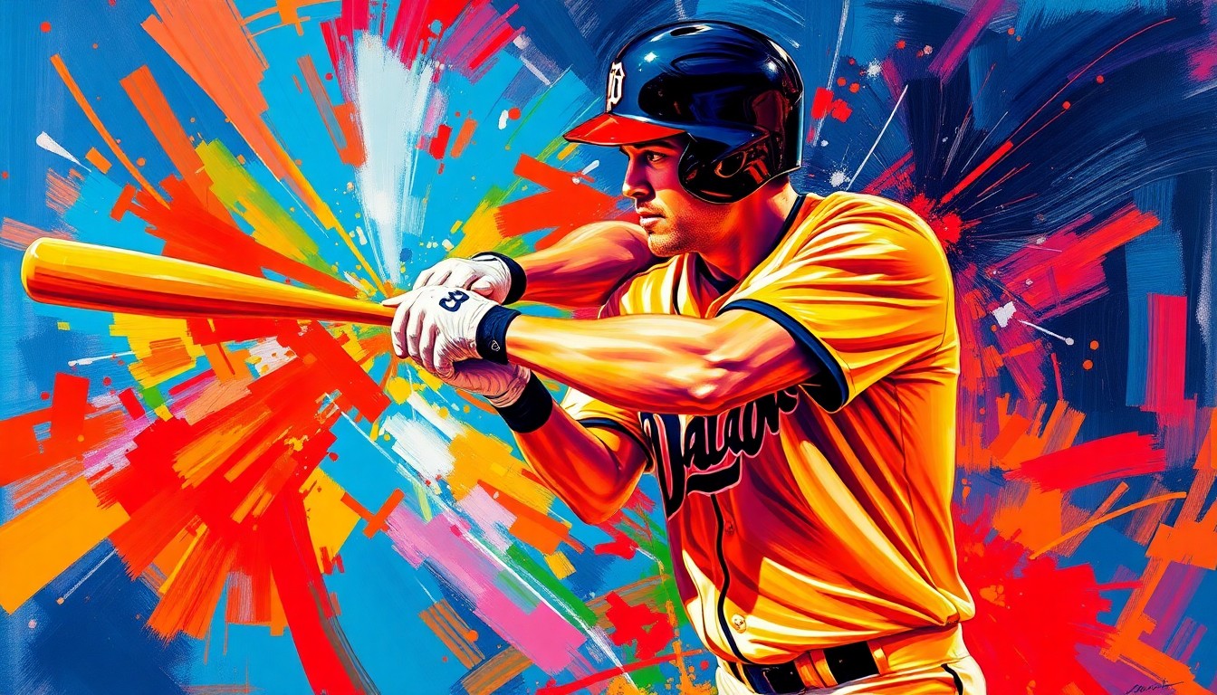 An extreme close-up of a baseball player's hands gripping a bat, with the bat and player's arms rendered in a vibrant, expressionistic style using bold, neon-like brushstrokes to capture the raw power and energy of the swing.