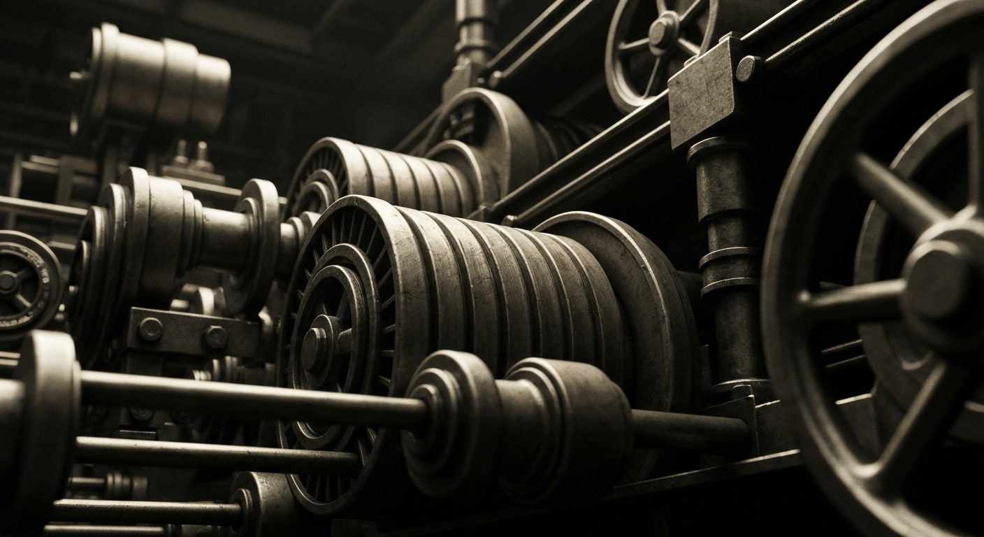 An extreme close-up of a complex array of gears, levers, and metal components that make up the inner workings of a large industrial machine, conveying a sense of the intricate financial infrastructure and institutional power of the banking sector.