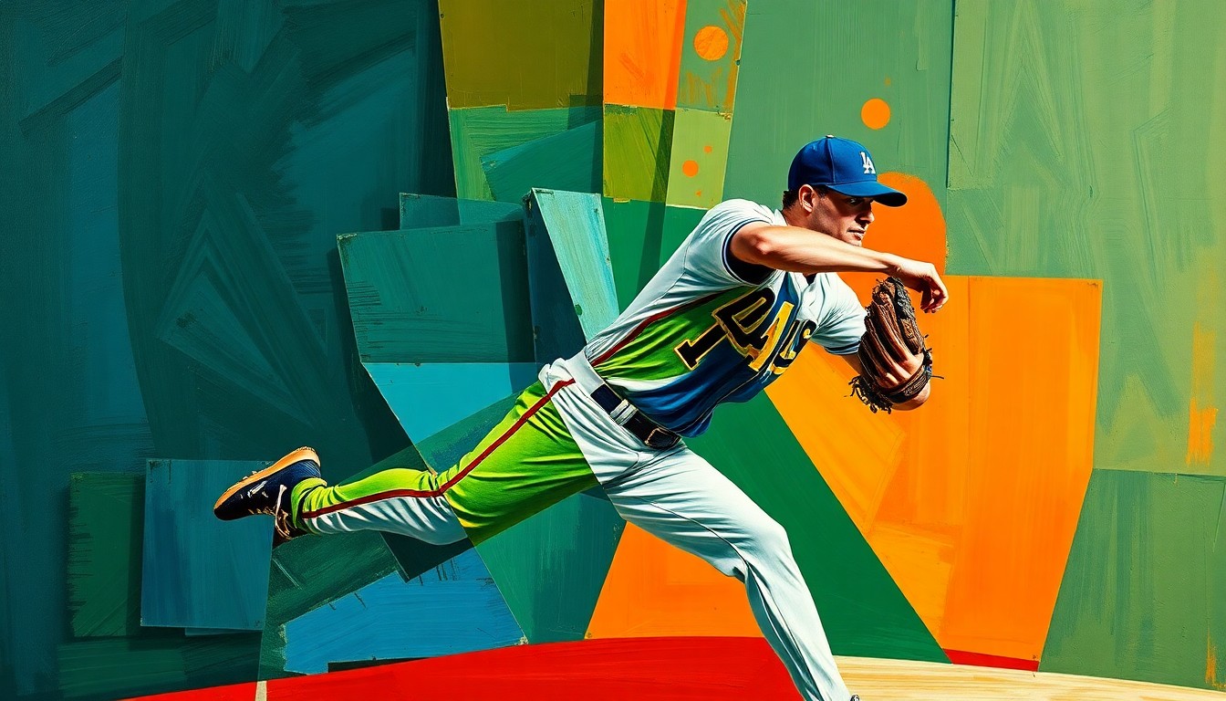 A fragmented, geometric painting depicting the motion of a baseball pitcher, with sharp planes of navy, green, and orange intersecting to create a dynamic, abstract representation of the sport.