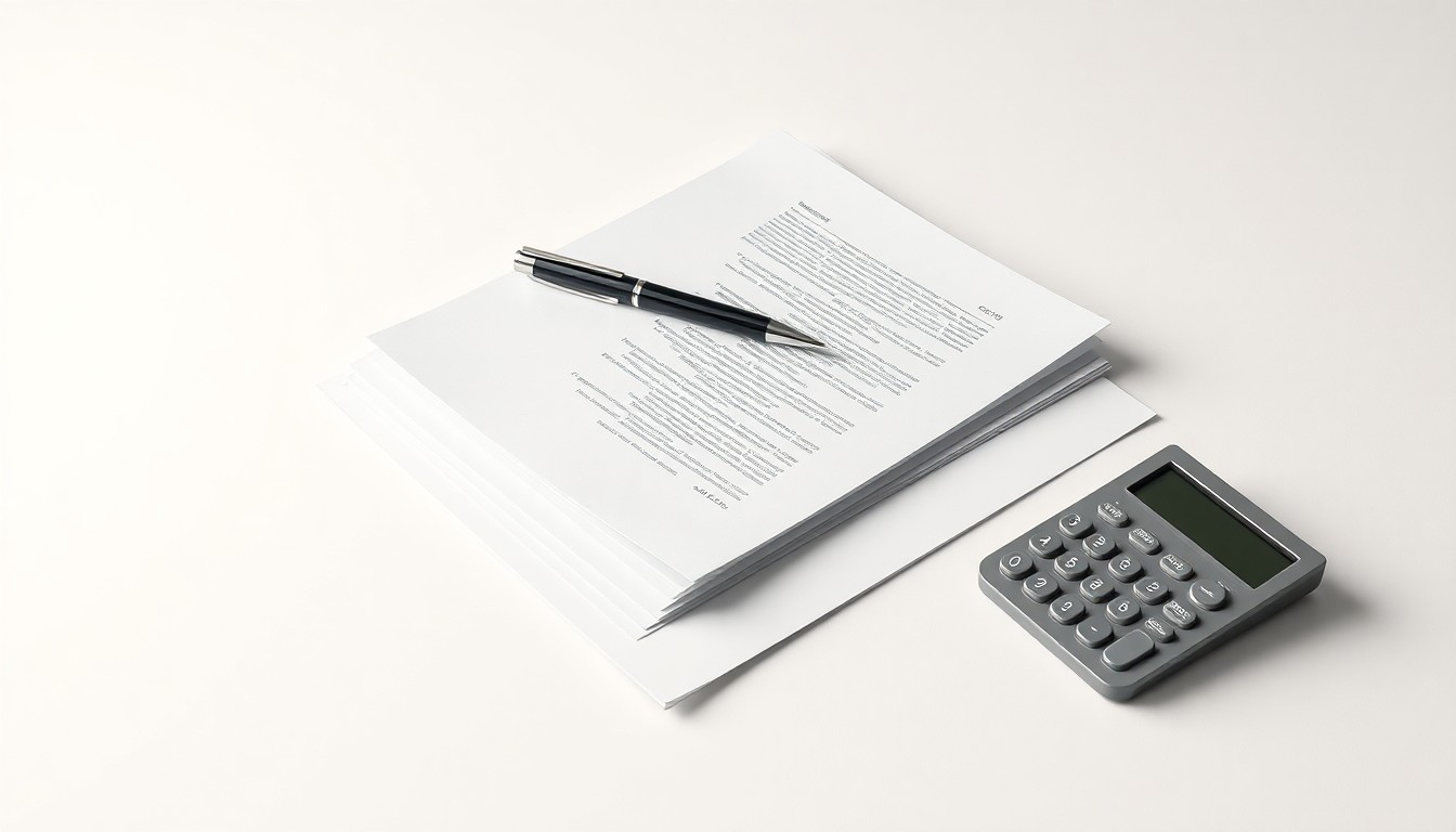 A photorealistic studio still life featuring a stack of business documents, a pen, and a calculator arranged on a clean, monochromatic background, conceptually representing Fubo's corporate strategy and financial targets.