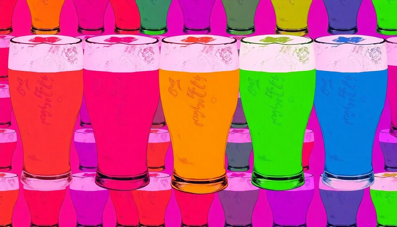 A brightly colored, high-contrast silkscreen print of an oyster shell repeated in a tight grid pattern, capturing the vibrant energy and indulgence of Bear Branch Tavern's signature raw bar event.