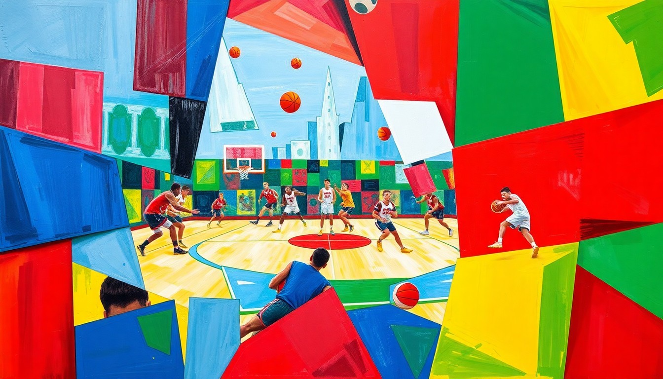 A fragmented, geometric painting in bold colors depicting various high school sports actions and competitions, representing the diverse talents of the nominated athletes.