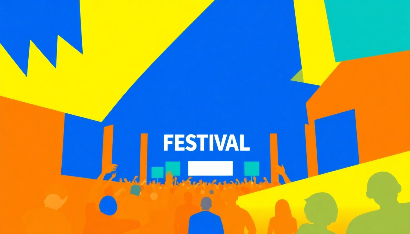 An abstract, minimalist illustration using bold, jagged shapes and bright, contrasting colors to capture the celebratory spirit of a summer music festival.