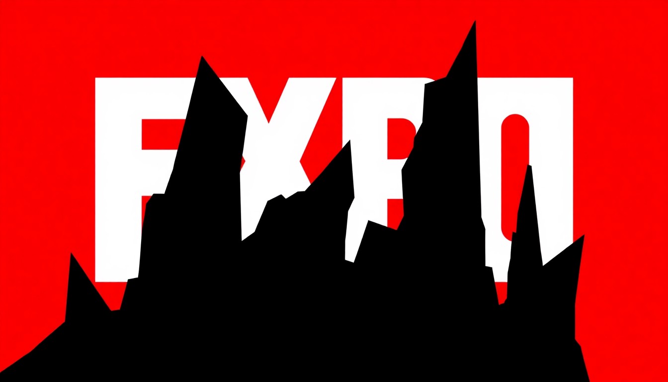 An abstract, minimalist illustration featuring stark black geometric shapes against a high-contrast red and white background, conceptually representing the depth and institutional focus of the EXPO CHICAGO art fair.