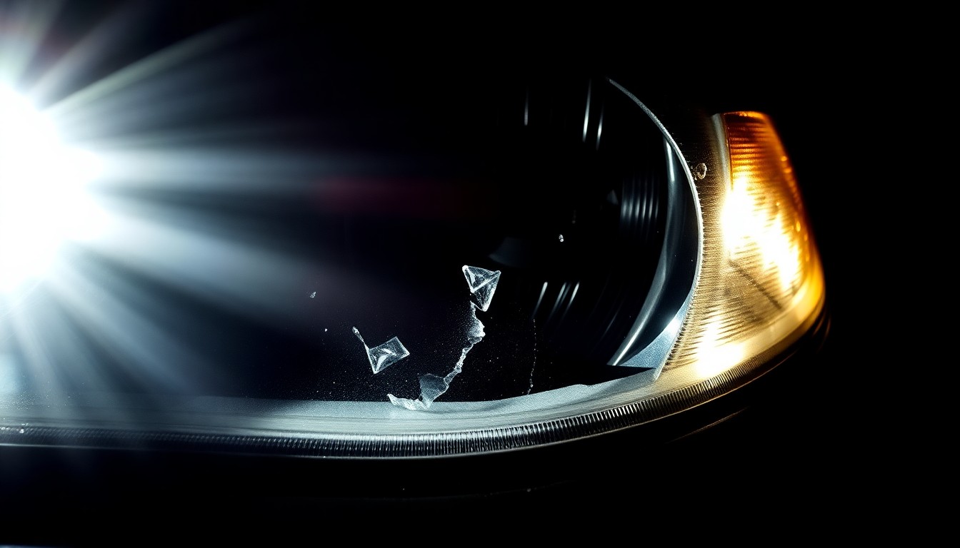 An extreme close-up photograph of a damaged car part, such as a broken side mirror or cracked headlight lens, lit by a harsh, direct camera flash against a pitch-black background, conceptually illustrating the aftermath of a serious vehicle collision.