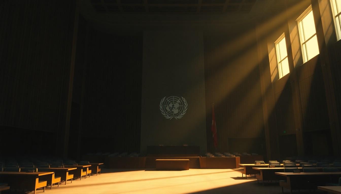 A warm, cinematic painting depicting a dimly lit United Nations conference room with a single figure seated at a table, the space bathed in soft, diagonal sunlight and deep shadows, conceptually representing the regional dialogues on global, national, and local sustainable development action.