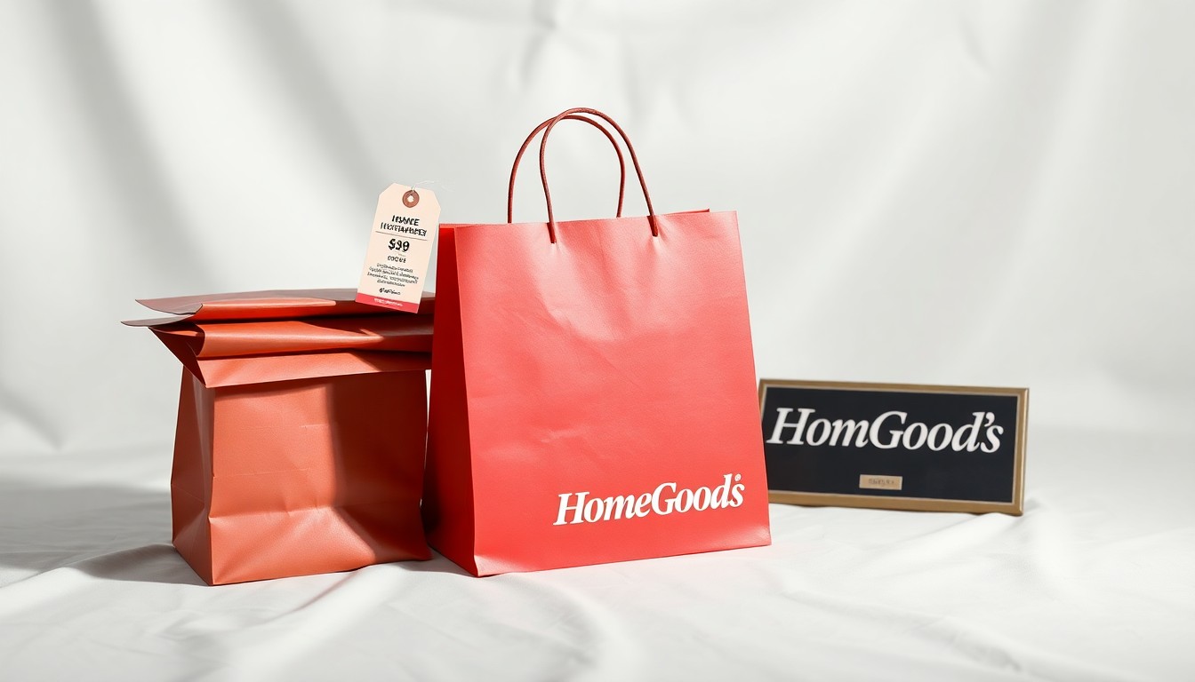 A minimalist studio still life photograph featuring a stack of HomeGoods shopping bags, a price tag, and a HomeGoods logo plaque, conceptually representing the business strategy and expansion of the retail brand in Oswego.