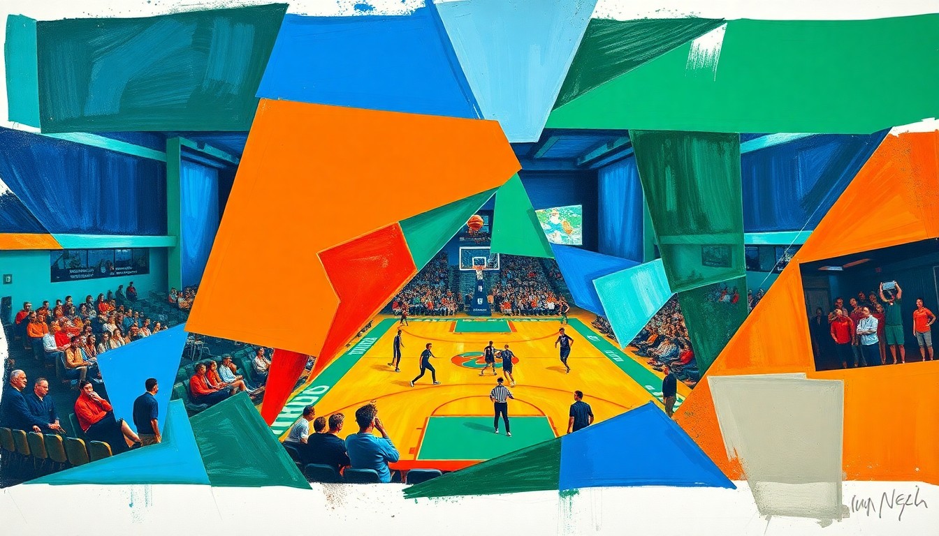 A cubist, geometric painting depicting a fragmented college basketball game, with sharp planes of color and overlapping shapes representing the chaotic roster changes and player movement in the sport.