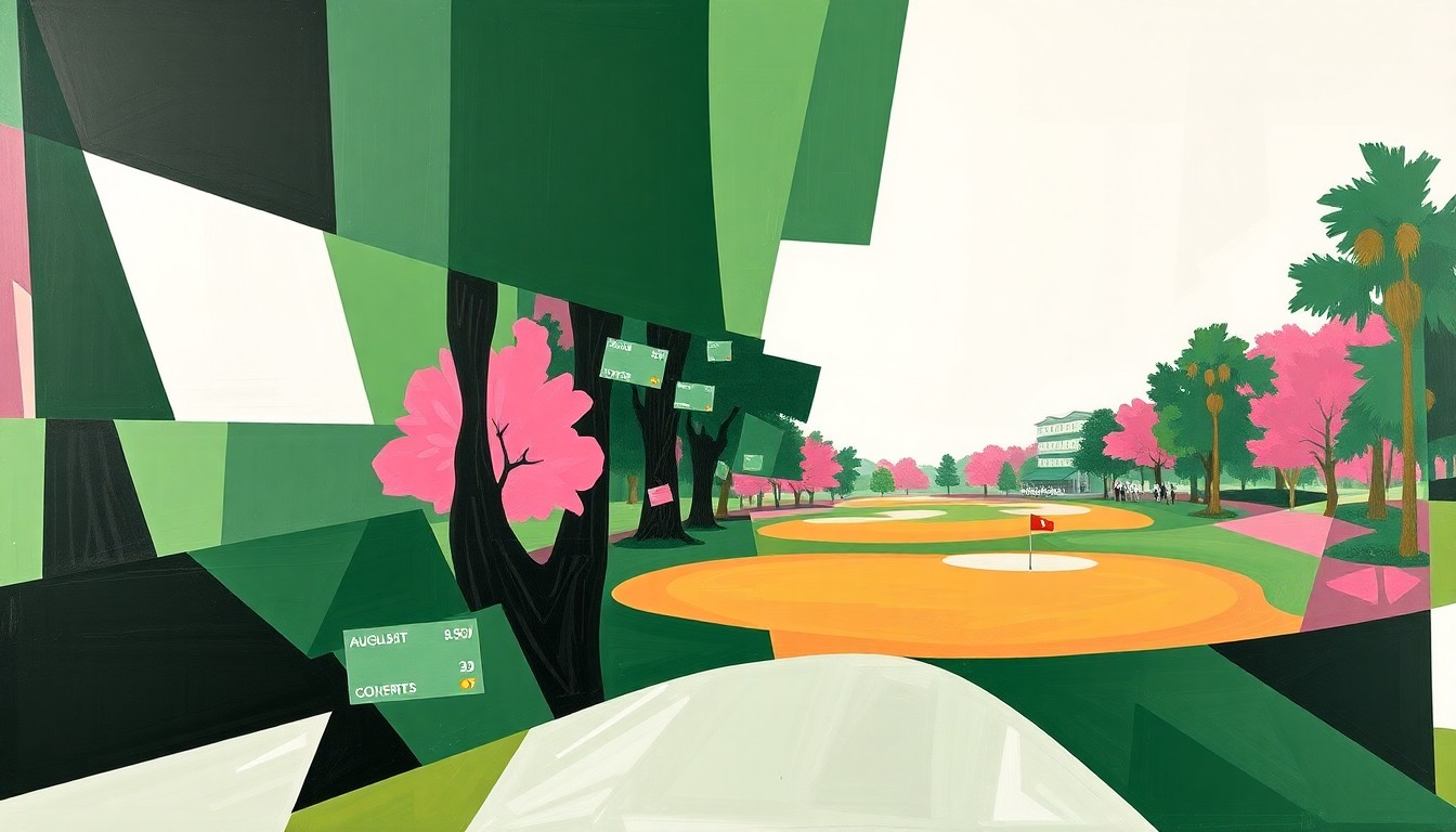 A fractured, geometric painting depicting the Augusta National golf course in an abstract, cubist style, with sharp planes of green, pink, and white representing the tournament's competitive landscape.